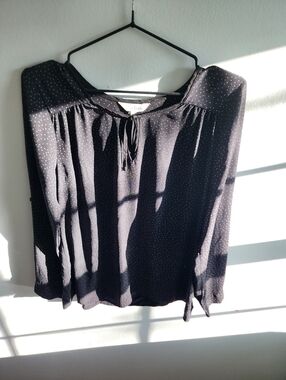 Charming Charlie Black with White Microdot Long-Sleeve Blouse